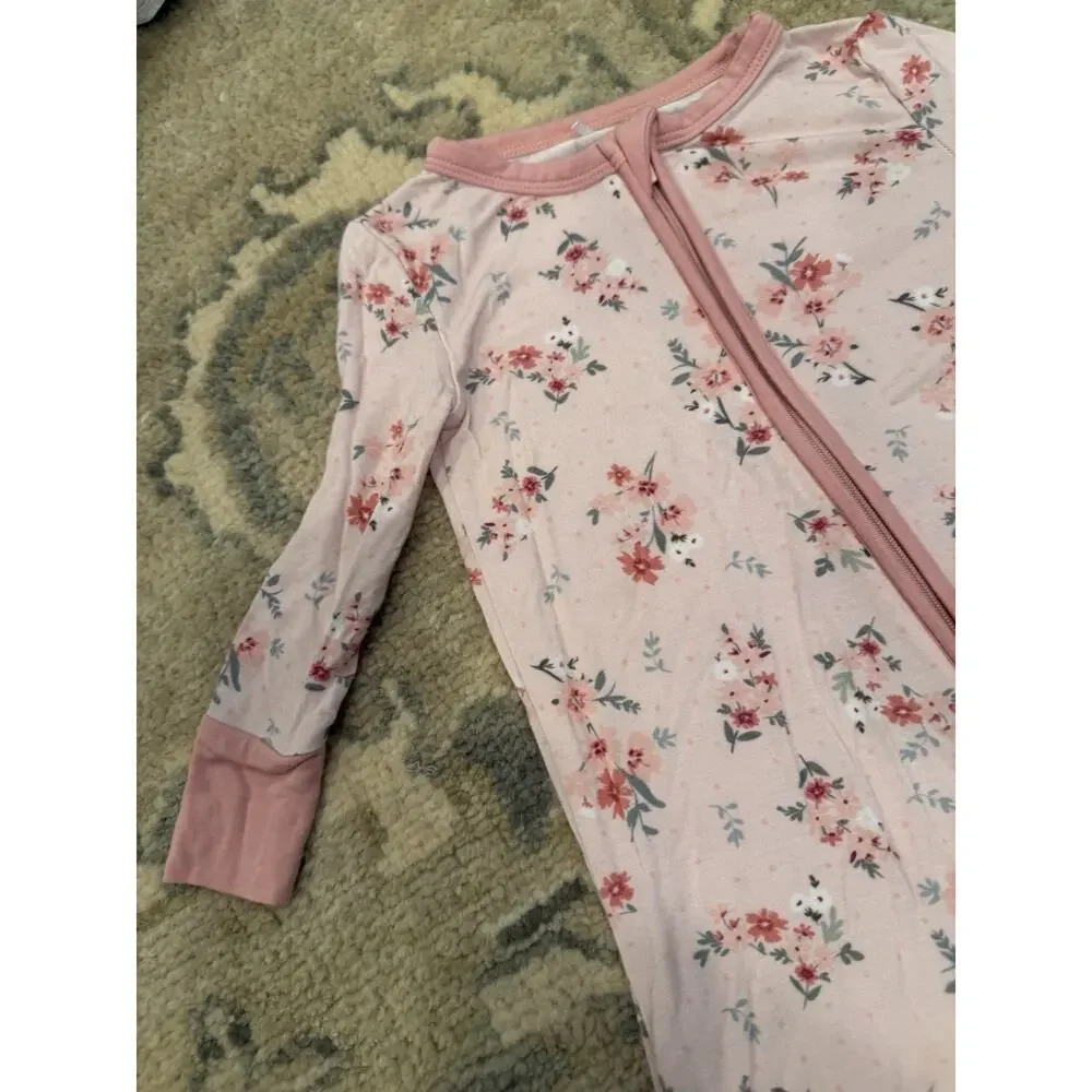 Posh Peanut Pink Floral Bamboo Foldover Feet Zipper Romper 9-12 Months NEW